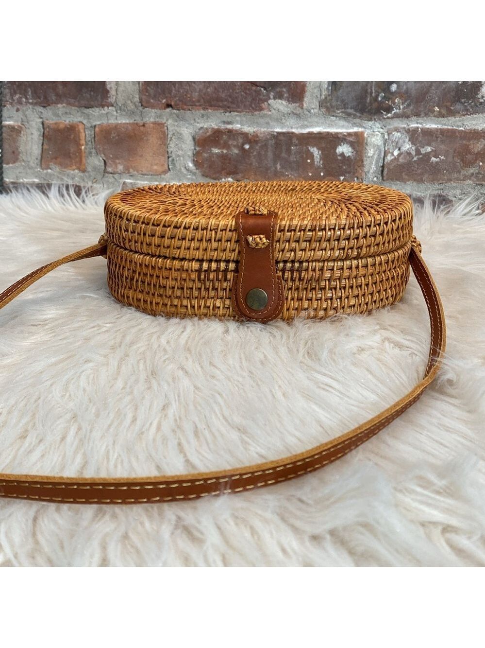 Oval Woven Rattan Bag with Long Leather Strap - Picture 6 of 16
